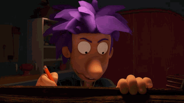 a cartoon character with purple hair holds a pencil