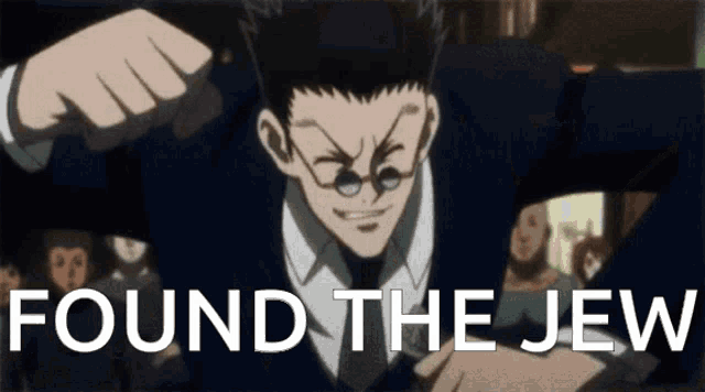 a man in a suit and tie is standing in front of a crowd with the words found the jew on the bottom .