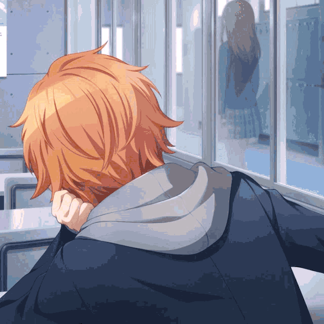a man with orange hair is looking out a window at a woman