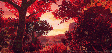 a painting of trees with red leaves and mountains in the background made by the princess tumblr twitter