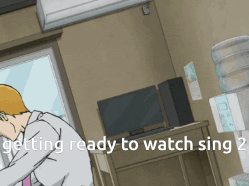 a cartoon of a man with the words " getting ready to watch sing " below him