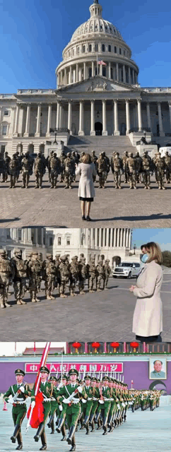 a woman stands in front of the capitol building while soldiers march in front