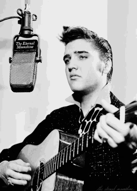 a man is playing a guitar in front of a microphone that says the eternal moonshine