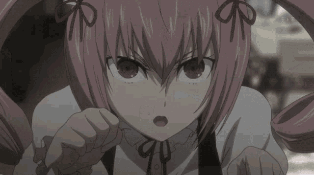 a girl with pink hair is looking at the camera with the letters tbs in the corner
