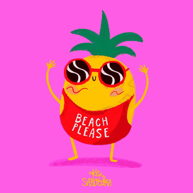 a cartoon pineapple wearing sunglasses and a beach please shirt