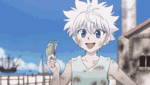 a boy with white hair is holding a piece of paper that says ' ice cream ' on it