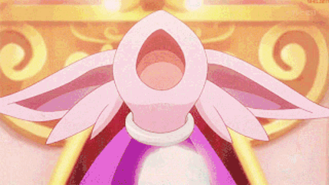 a pink and purple cartoon character with a white hat