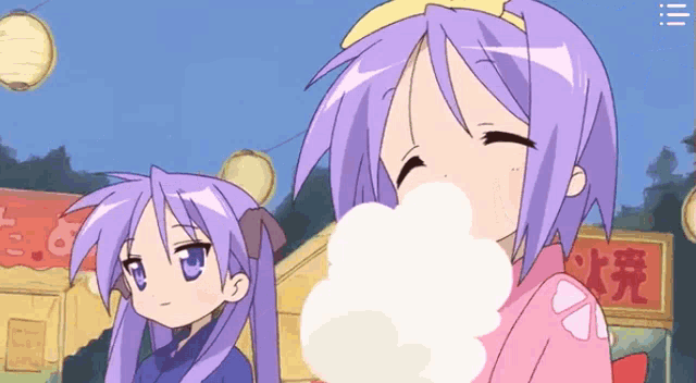 two anime girls are eating cotton candy in front of a sign that says ' ice '