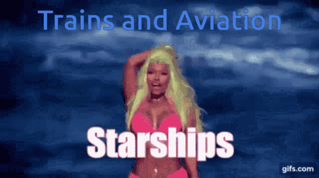 a woman in a pink bikini with the words trains and aviation starships behind her