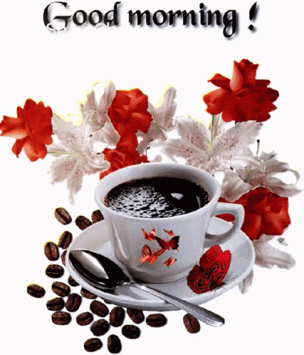 a cup of coffee surrounded by flowers and coffee beans with the words good morning written on the bottom