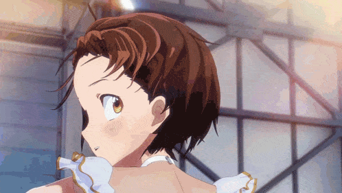 a close up of a girl 's face with a white ribbon around her neck