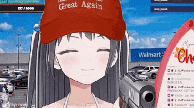 a girl wearing a red hat that says " great again " is holding a gun