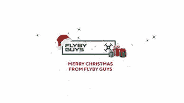 a christmas greeting card with a drone wearing a santa hat and presents .