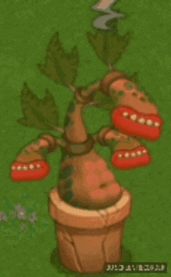 a cartoon plant in a pot with teeth and leaves