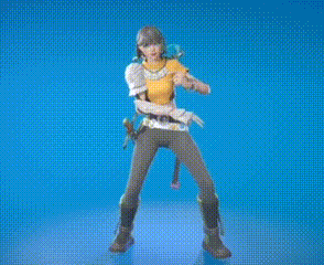 a woman is standing in front of a blue background and holding a sword .