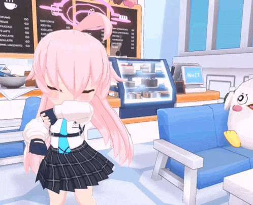 a girl in a plaid skirt is standing in front of a menu that says ' mochi ' on it