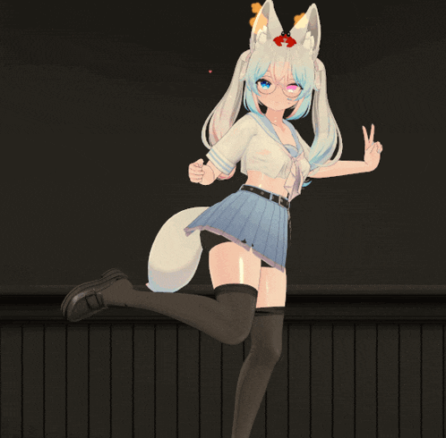 a girl with white hair and a fox tail is giving a peace sign