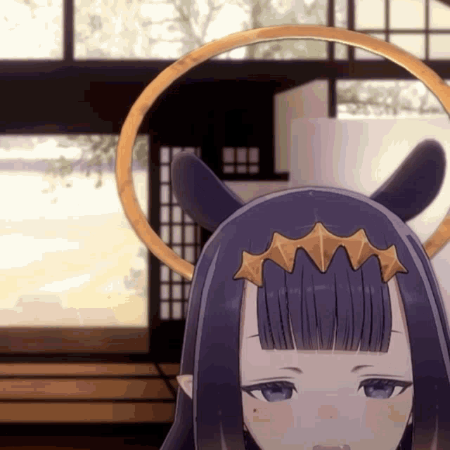 a close up of a cartoon character with horns and a halo around her head