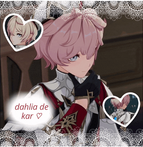 a picture of a boy with pink hair and the words dahlia de kar