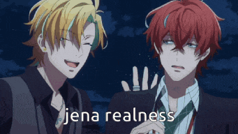 a couple of anime characters standing next to each other with the words jena realness in the corner