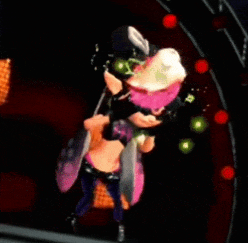 a cartoon character with pink hair and sunglasses is dancing on a stage