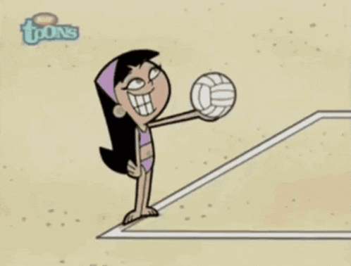 a cartoon of a girl holding a volleyball with the word toons on the bottom