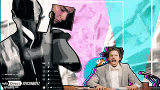 a man in a suit and bow tie is sitting in front of a microphone with joyconboyz written on the bottom right