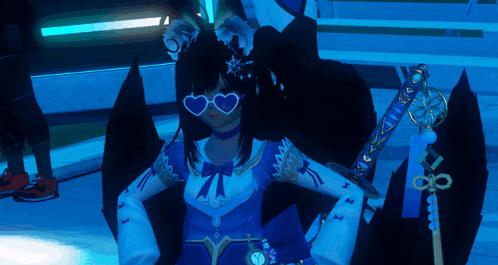 a girl wearing heart shaped sunglasses holds a sword