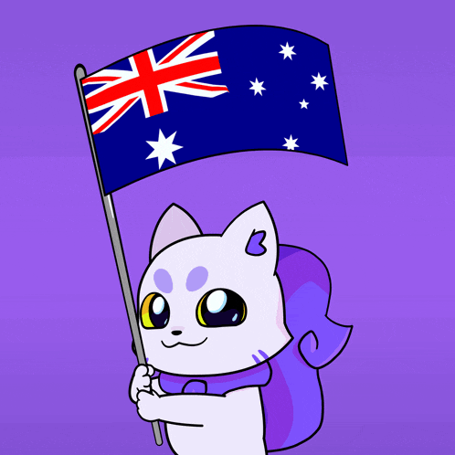 a cartoon drawing of a cat holding a flag