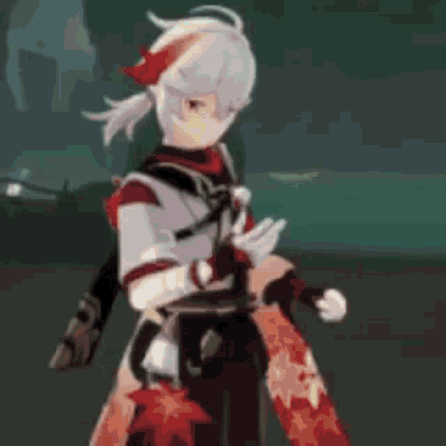 a girl with white hair is holding a sword in a video game while standing in a field .