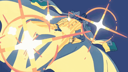 a cartoon drawing of a man in a yellow striped jacket with a gun