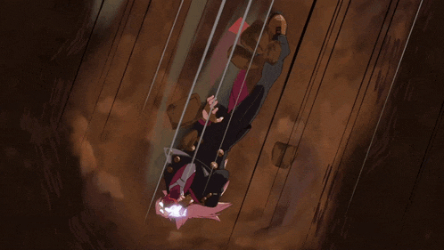 a cartoon character is flying through the air with a pink haired girl
