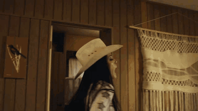 a woman wearing a cowboy hat and a white shirt is dancing