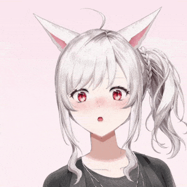 a girl with white hair and pink ears has a black shirt on