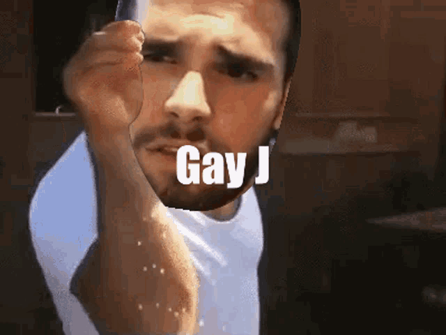 a man with a beard is pointing at the camera with the words gay j above his head