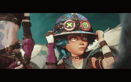 a girl with blue hair wearing a hat and goggles with a x on them