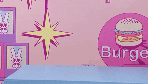 a cartoon drawing of a girl and a hamburger with the word burger on it