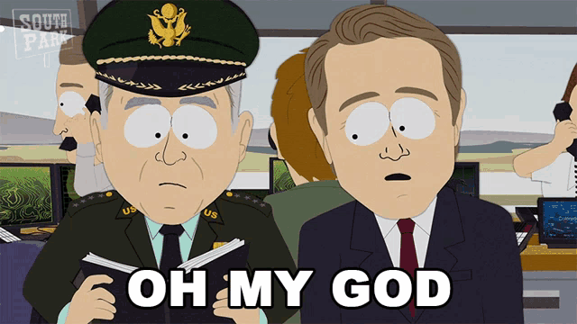 a south park cartoon shows a military man and a business man