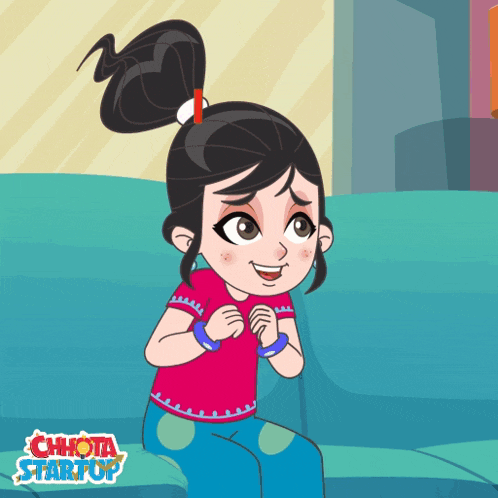 a cartoon of a girl sitting on a couch with chhota startup written on the bottom right