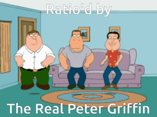 three peter griffin characters are dancing in a living room with the caption ratio 'd by the real peter griffin