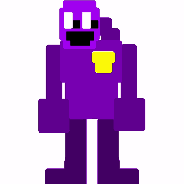 a pixel art drawing of a purple robot with a yellow badge on his chest .