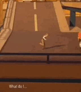 a red truck is driving down a road in a cartoon .