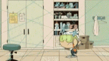 a cartoon character is standing in a room with a stool
