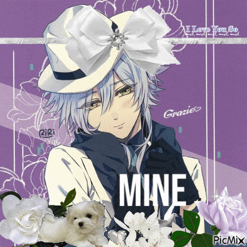 a picture of a boy with white hair and a white hat that says mine