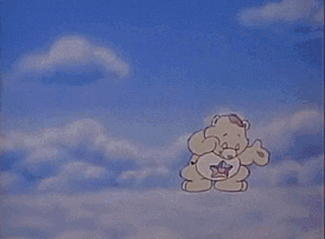 a pink care bear with a rainbow on his belly is flying through the air .