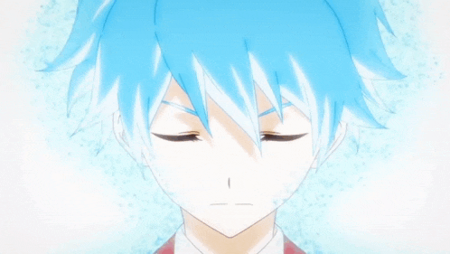 a boy with blue eyes and white hair looks at the camera