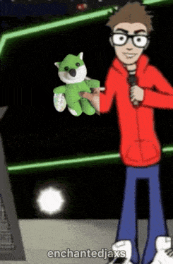 a cartoon of a man holding a stuffed animal with the words enchantedjaxs below him