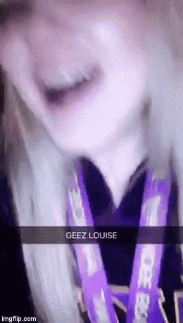 a girl with white hair is wearing a purple lanyard that says geez louise .