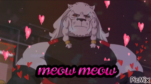a picture of a cartoon character with hearts and the words meow meow