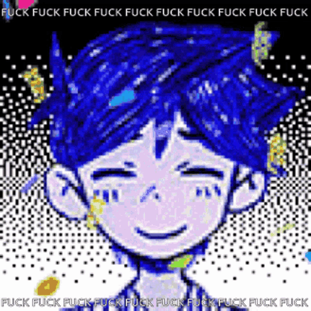 a pixel art drawing of a boy with blue hair and a smile .